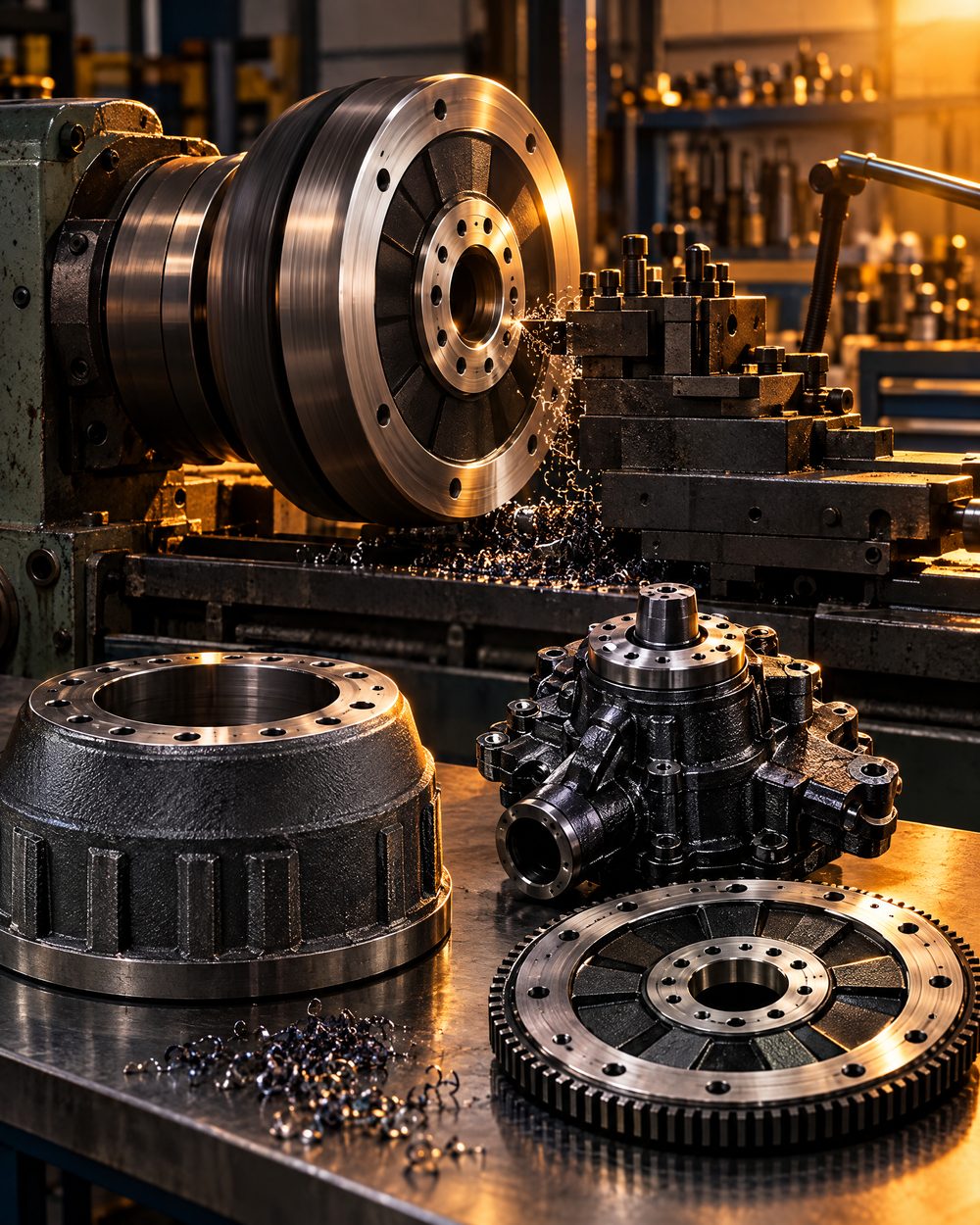 Truck flywheel being machined at a spare parts manufacturing unit